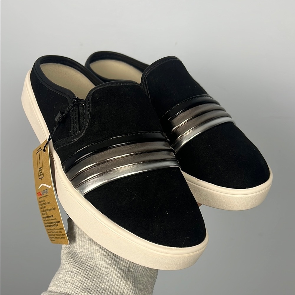Spenco women’s new total support size 5.5 leather striped metallic mules